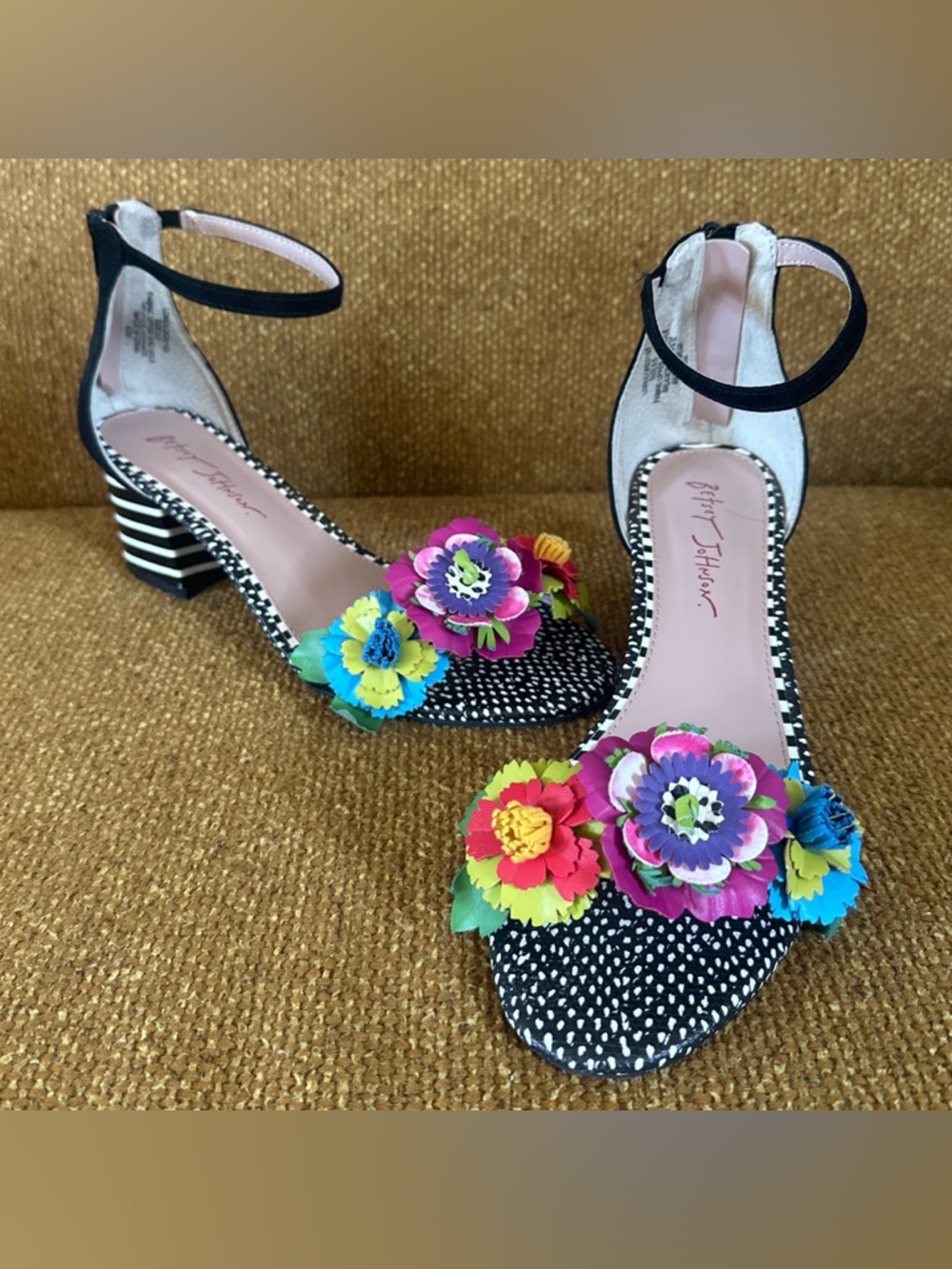 Betsey Johnson Black Striped Heel Sandals with Multicolor Floral Appliqués
